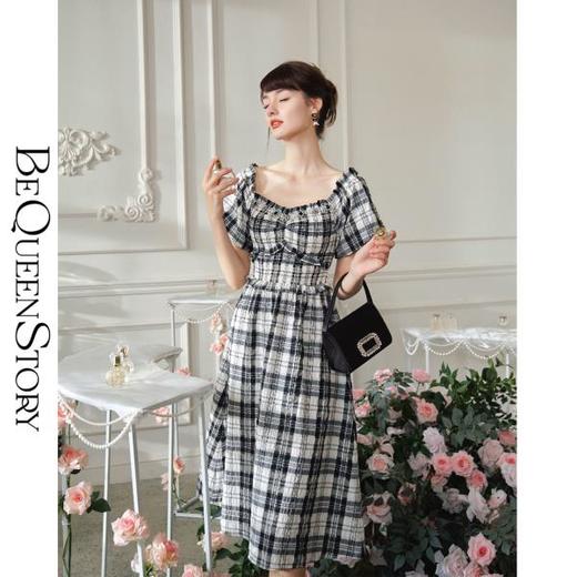 【大货捡漏，不退不换】  【黑白格调】复古法式泡泡袖收腰伞摆连衣裙2023新款 商品图2