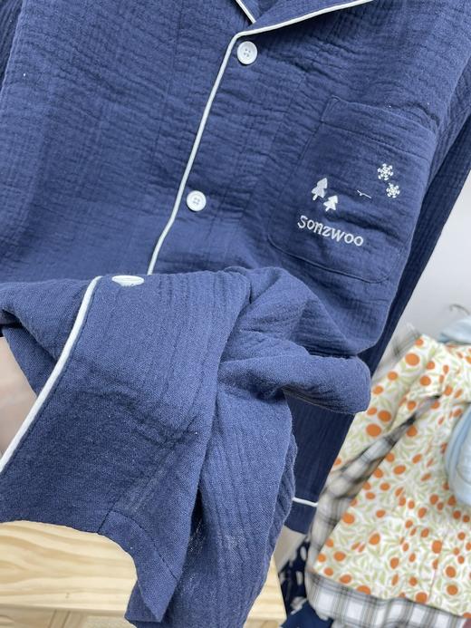 松植屋男款绉布翻领长袖长裤套装100%全棉纯色睡衣家居服 商品图6