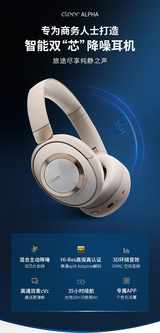 cleer ALPHA 头戴式智能降噪耳机 自适应 长续航 商务通勤立体声无线蓝牙耳机 华为苹果安卓 沙白灰 商品图0