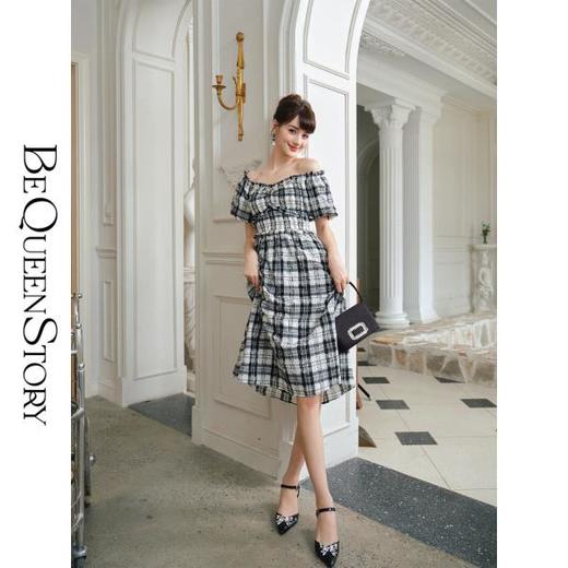 【大货捡漏，不退不换】  【黑白格调】复古法式泡泡袖收腰伞摆连衣裙2023新款 商品图3