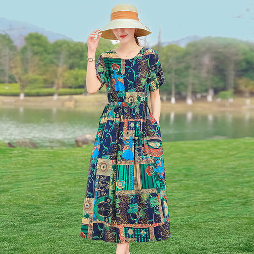 棉绸连衣裙夏季时尚收腰显瘦大码印花裙SH2031 商品图1