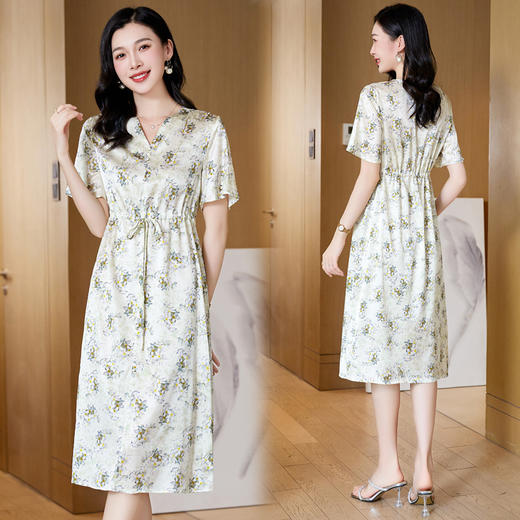 ASE-23063印花V领气质优雅知性真丝连衣裙 商品图0