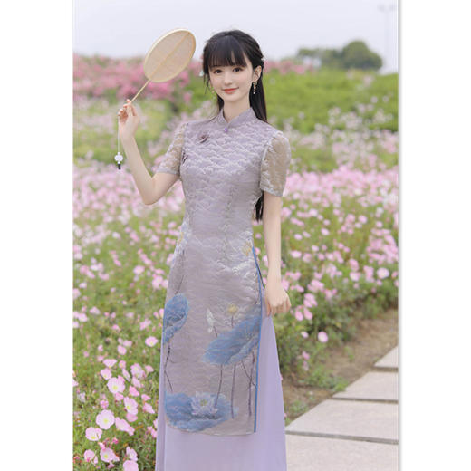 优雅修身，弹力网纱长款奥黛改良旗袍裙GX205515 商品图2