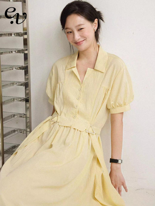Even Vintage | 温柔奶油 夏季清新衬衫领收腰长款短袖连衣裙 商品图0