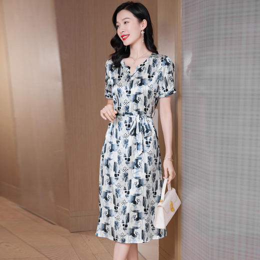 ASE-9550水墨印花真丝连衣裙女短袖中长款桑蚕丝夏季裙子 商品图4