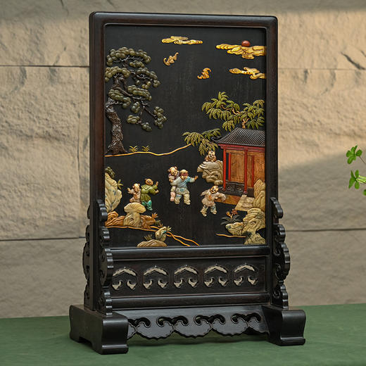 清 紫檀百宝嵌婴戏图座屏 商品图4