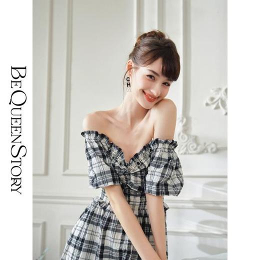 【大货捡漏，不退不换】  【黑白格调】复古法式泡泡袖收腰伞摆连衣裙2023新款 商品图4