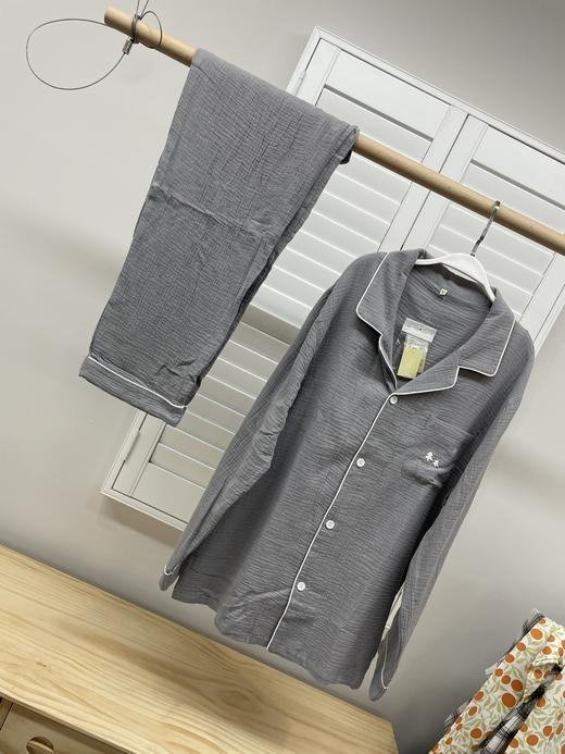 松植屋男款绉布翻领长袖长裤套装100%全棉纯色睡衣家居服 商品图1