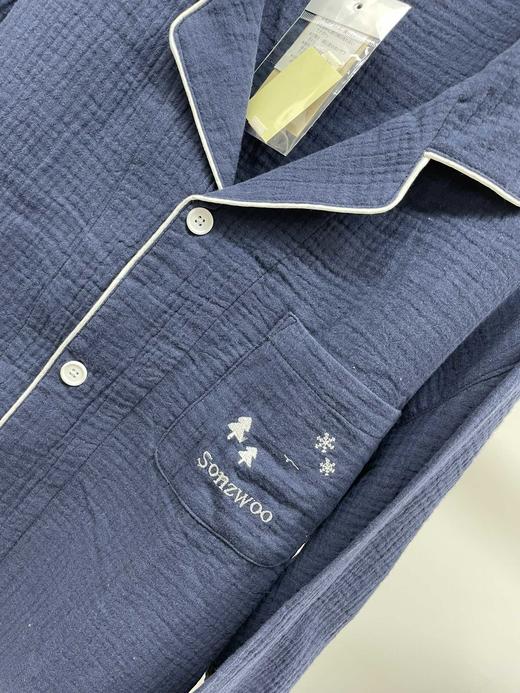 松植屋男款绉布翻领长袖长裤套装100%全棉纯色睡衣家居服 商品图5