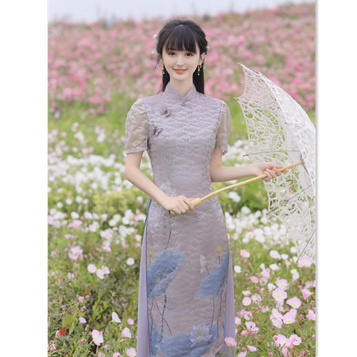 优雅修身，弹力网纱长款奥黛改良旗袍裙GX205515 商品图3