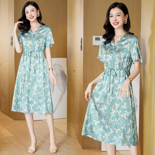ASE-23063印花V领气质优雅知性真丝连衣裙 商品图1