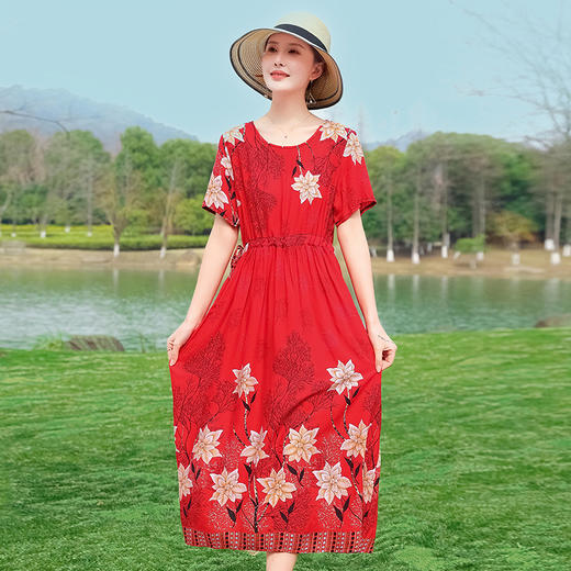 棉绸连衣裙夏季时尚收腰显瘦大码印花裙SH2031 商品图0