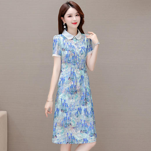 修身气质，印花时尚中长款A字裙夏款娃娃领短袖雪纺连衣裙QYM-XQD-34B23935-L 商品图1