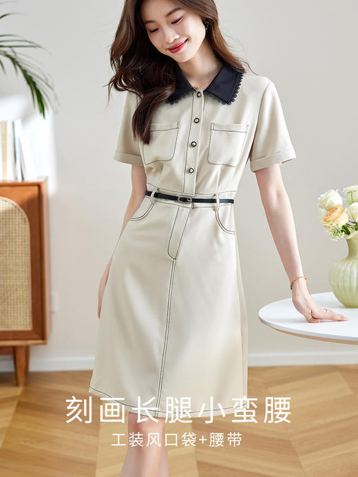 【专属特价】熙世界2025夏新款复古休闲工装小香风撞色花边衬衫领连衣裙子女 商品图2