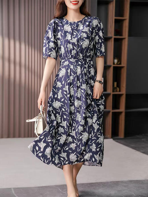 YX【现货7天】真丝桑蚕丝印花连衣裙女2024夏季新款韩版复古气质显瘦长裙子 商品图4