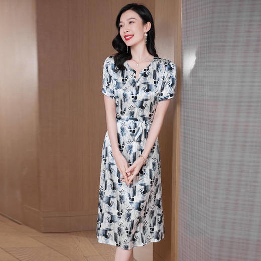 ASE-9550水墨印花真丝连衣裙女短袖中长款桑蚕丝夏季裙子 商品图1
