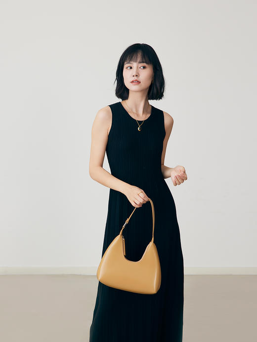 HeyDress法式针织连衣裙女早秋圆领高腰坑条设计感气质无袖裙子 商品图0