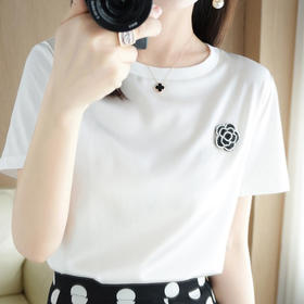 「数款可选！凉感醋酸T恤」2023春夏凉感醋酸T恤女 黑色白色山茶花圆领短袖上衣