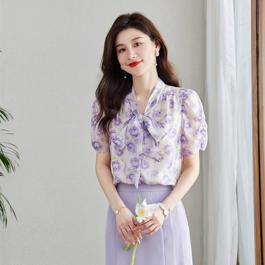 夏装时尚，V领碎花飘带气质雪纺短袖上衣YZ-8586 商品图1