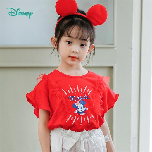 迪士尼童装 米妮针织短袖上衣夏季新款女童网纱拼接T恤 商品图0