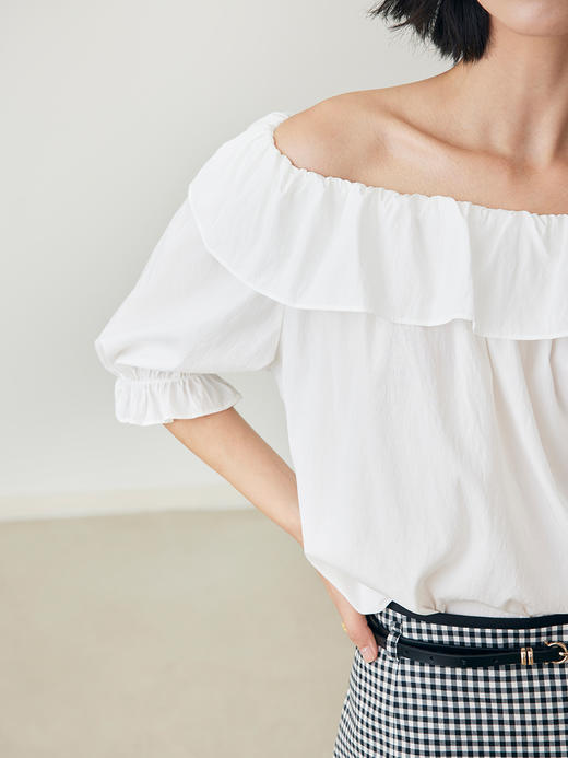 HeyDress法式花边领天丝衬衫女夏季泡泡袖一字领小衫气质浪漫上衣 商品图2