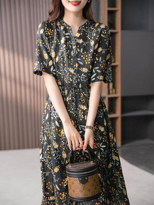 YX【现货7天】FSW时尚碎花V领亚麻连衣裙女2024夏季新款韩版收腰显瘦长款A字裙 商品图2