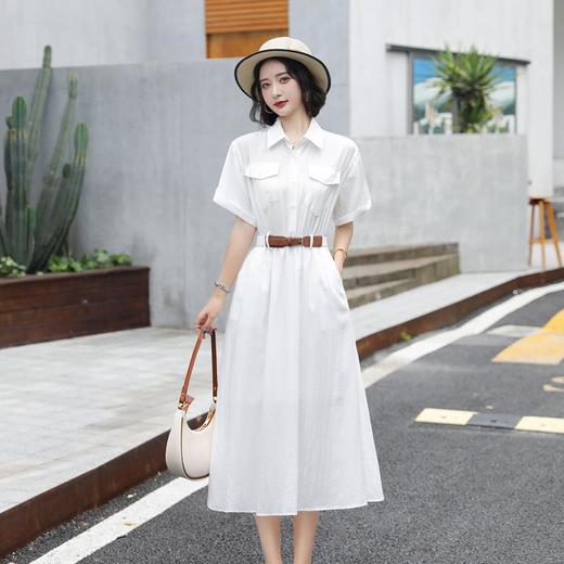 法式白色连衣裙夏季女2023女装新款短袖垂感显瘦衬衫裙子一件代发 商品图0