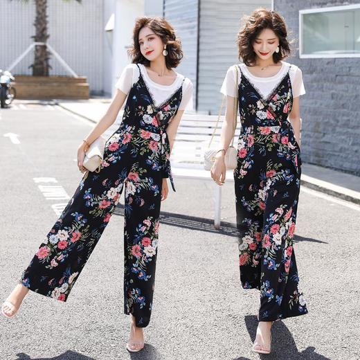 两件套背带阔腿裤欧洲站女装2023夏季T恤碎花连体裤连身裤套装女 商品图1