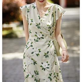 【à perles】优雅法式 19mm真丝双绉花朵裹身连衣裙【特价清仓，不退不换】