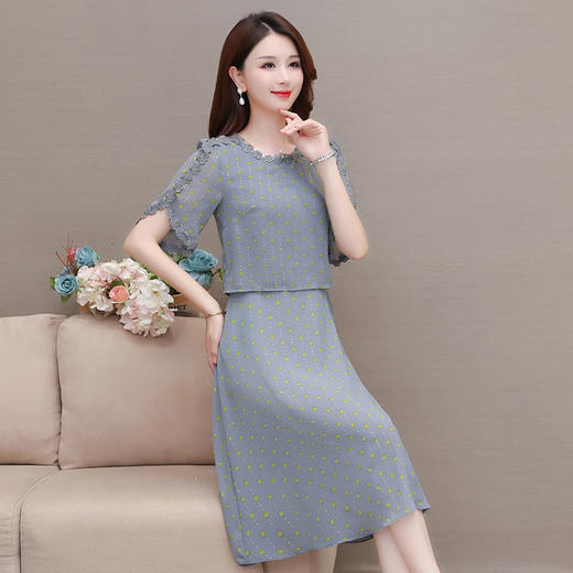 修身时尚，简约中长款雪纺裙夏款圆领短袖气质妈妈装连衣裙QYM-XQD-58B8982-2-L 商品图2