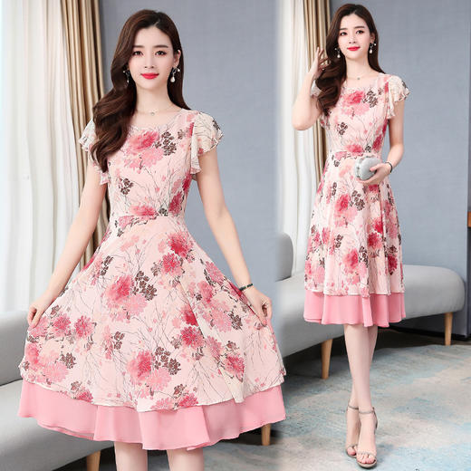 时尚优雅，夏季新款修身显瘦粉色大摆裙法式印花短袖雪纺连衣裙AHM-zmdm9268 商品图2