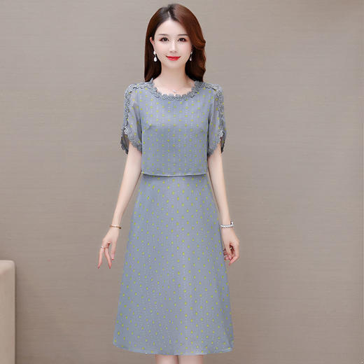 修身时尚，简约中长款雪纺裙夏款圆领短袖气质妈妈装连衣裙QYM-XQD-58B8982-2-L 商品图0