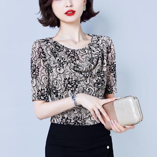 夏季新款，修身显瘦网纱上衣印花洋气大码女士打底衫KQL-644G2353 商品图0
