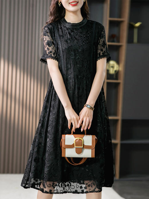 YX【定制15天】高端蕾丝真丝连衣裙女2024夏季新款韩版桑蚕丝刺绣收腰长裙子 商品图1