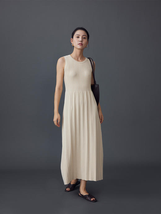 HeyDress法式针织连衣裙女早秋圆领高腰坑条设计感气质无袖裙子 商品图3