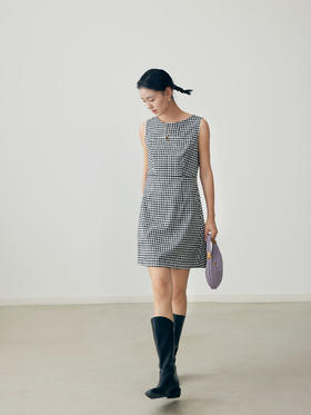 HeyDress法式黑白格纹连衣裙女夏季复古收腰设计感气质无袖短裙子