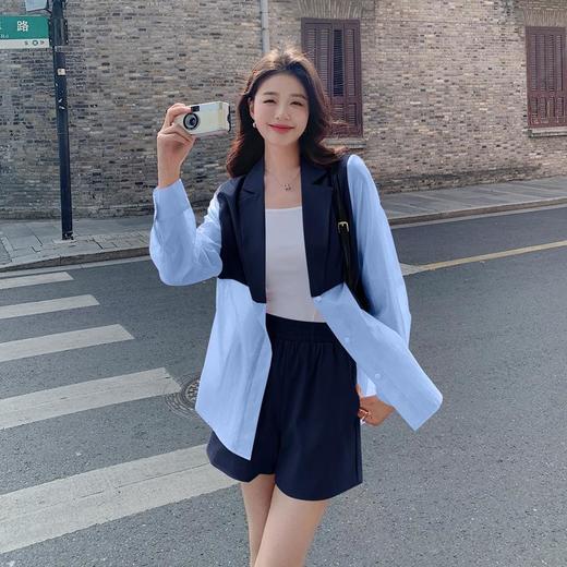 设计感拼接轻薄天丝长袖防晒小西装短裤两件套夏季新款时尚套装女 商品图1