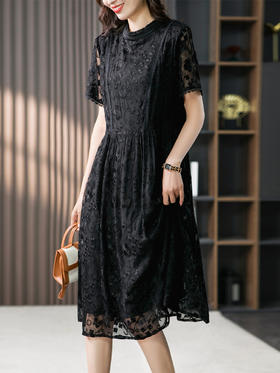 YX【定制15天】高端蕾丝真丝连衣裙女2024夏季新款韩版桑蚕丝刺绣收腰长裙子