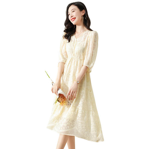 夏季新款，真丝短袖设计感绣花温柔风优雅连衣裙ASE-X8221 商品图4