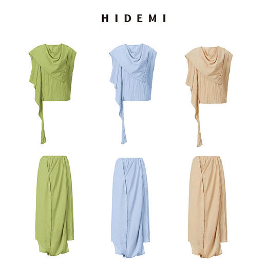 HIDEMI 不对称丝巾设计感艺术微褶皱堆叠套装 上衣/半裙 商品图4