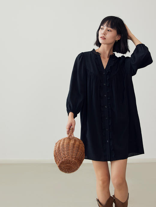 HeyDress法式衬衫连衣裙女早秋复古蕾丝领衬衣宽松收腰气质裙子 商品图3