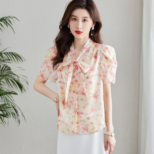 夏装时尚，V领碎花飘带气质雪纺短袖上衣YZ-8586 商品图2