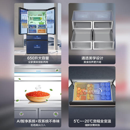 【全空间保鲜】海尔650L大容量多门四门节能智能变频无霜博观冰箱BCD-650WGHFD12STU1 商品图4