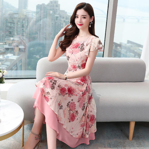 时尚优雅，夏季新款修身显瘦粉色大摆裙法式印花短袖雪纺连衣裙AHM-zmdm9268 商品图0