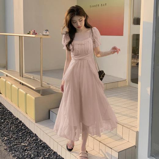 法式方领温柔风仙女长款连衣裙女夏季新款设计感度假海边飘逸裙子 商品图0