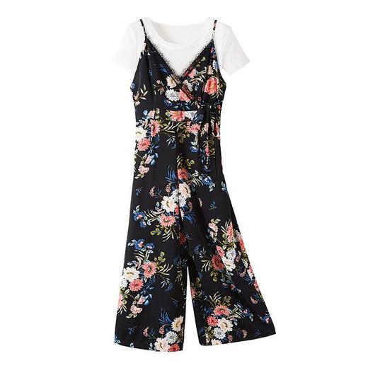 两件套背带阔腿裤欧洲站女装2023夏季T恤碎花连体裤连身裤套装女 商品图4