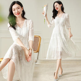 夏季新款，真丝短袖设计感绣花温柔风优雅连衣裙ASE-X8221