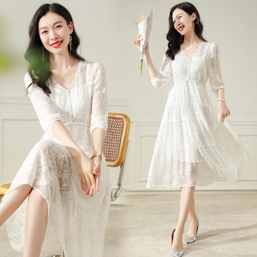 夏季新款，真丝短袖设计感绣花温柔风优雅连衣裙ASE-X8221 商品图0