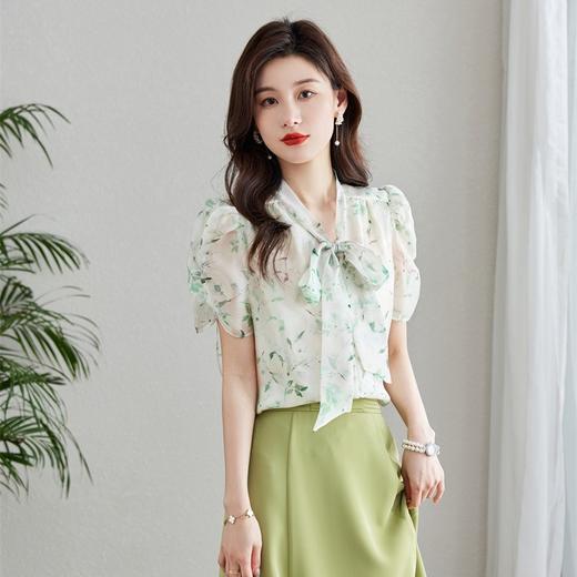夏装时尚，V领碎花飘带气质雪纺短袖上衣YZ-8586 商品图5
