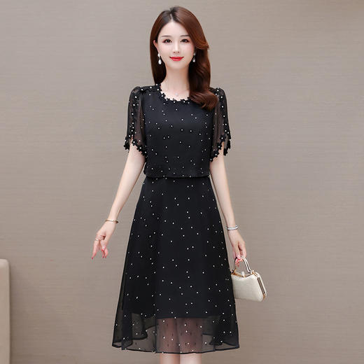修身时尚，简约中长款雪纺裙夏款圆领短袖气质妈妈装连衣裙QYM-XQD-58B8982-2-L 商品图1